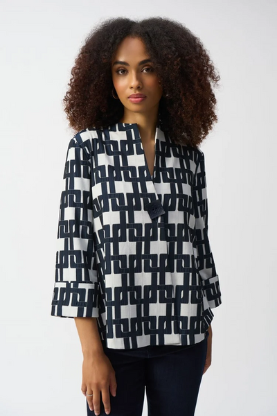 Joseph Ribkoff Geometric Print Jacquard Single Button Trapeze Jacket - Off White/Navy