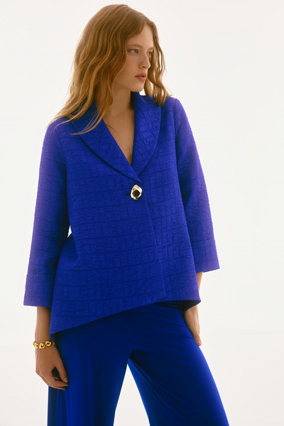 Joseph Ribkoff Shawl Collar Single Button Textured Jacquard Trapeze Jacket - Royal Sapphire