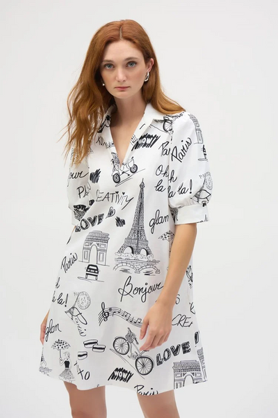 Joseph Ribkoff Conversational Paris Print Poplin A-Line Dress - Vanilla/Black