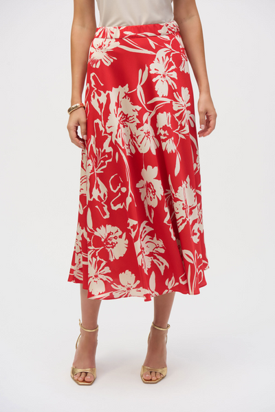 Joseph Ribkoff Hammered Satin Floral Print Skirt - Red/Cream