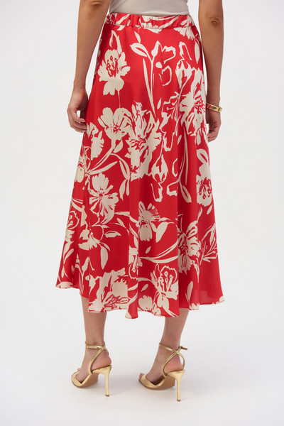 Joseph Ribkoff Hammered Satin Floral Print Skirt - Red/Cream