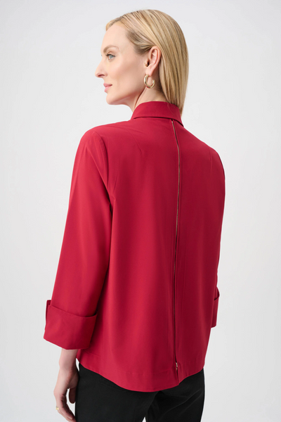 Joseph Ribkoff Stretch Poplin Button Front Blouse with Back Zip Detail - Deep Cherry Red