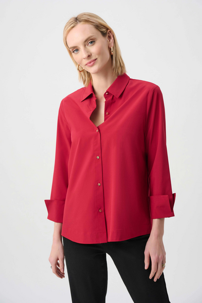 Joseph Ribkoff Stretch Poplin Button Front Blouse with Back Zip Detail - Deep Cherry Red