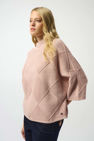 Joseph Ribkoff Mock Neck Long Sleeve Diamond Pattern Knit Sweater - Rose Pink