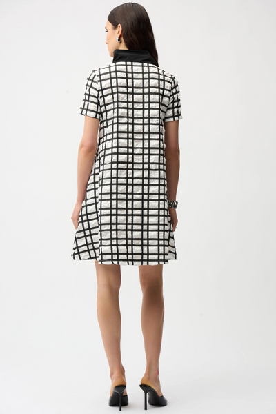 Joseph Ribkoff Bubble Jacquard Plaid Print A-Line Short Sleeve Dress - Off White/Black