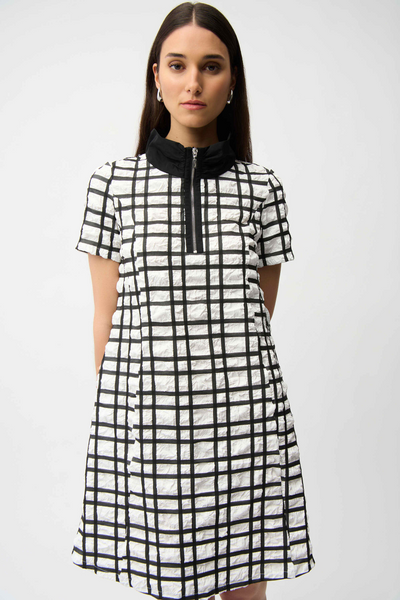 Joseph Ribkoff Bubble Jacquard Plaid Print A-Line Short Sleeve Dress - Off White/Black