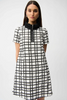 Image of Joseph Ribkoff Bubble Jacquard Plaid Print A-Line Short Sleeve Dress - Off White/Black