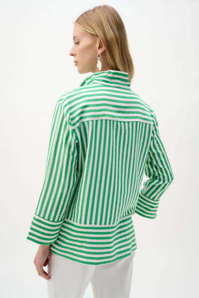 Joseph Ribkoff Woven Stripe Print Button Front Memory Wire Collar Shirt/Jacket - Green/White