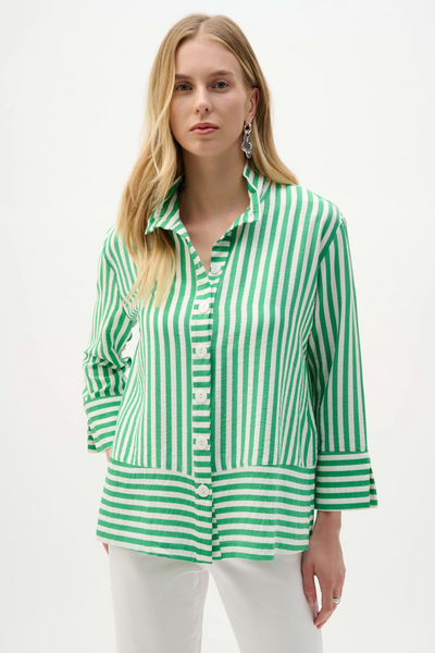 Joseph Ribkoff Woven Stripe Print Button Front Memory Wire Collar Shirt/Jacket - Green/White