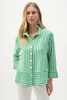 Image of Joseph Ribkoff Woven Stripe Print Button Front Memory Wire Collar Shirt/Jacket - Green/White