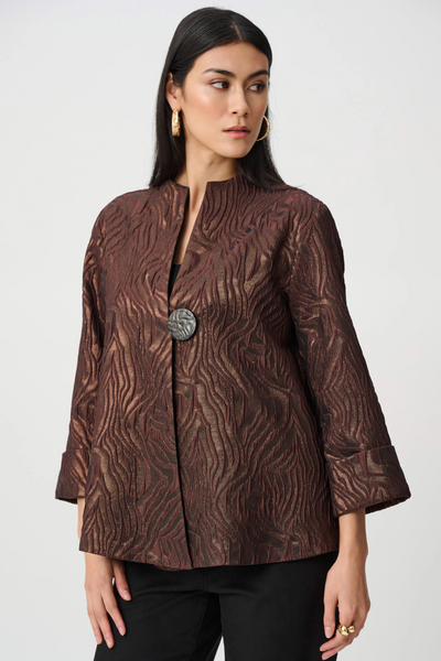 Joseph Ribkoff Woven Jacquard Single Button Front Closure Trapeze Jacket - Brown