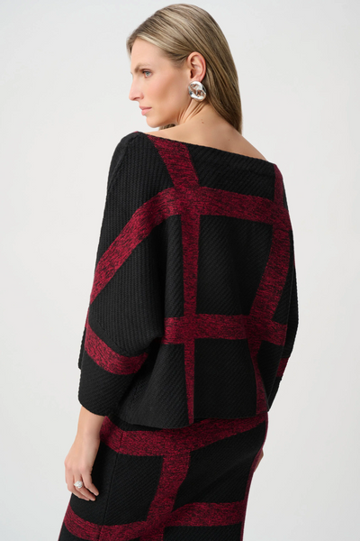 Joseph Ribkoff Brushed Viscose Knit Boat Neck Sweater Knit Top - Black/Deep Cherry
