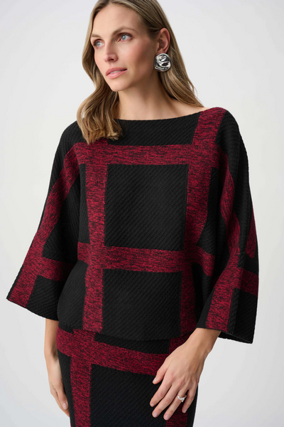 Joseph Ribkoff Brushed Viscose Knit Boat Neck Sweater Knit Top - Black/Deep Cherry