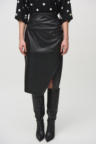 Joseph Ribkoff Vegan Leather Pull-On Shirred Pencil Skirt - Black