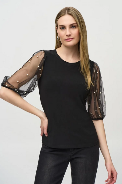 Joseph Ribkoff Pearl Detail Mesh Sleeve Top - Black