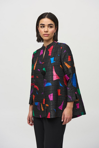 Joseph Ribkoff Single Button Abstract Print Trapeze Jacket - Black/Multicolor