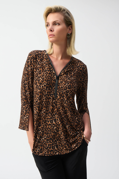 Joseph Ribkoff Leopard Print Zip Neck Tunic - Black/Brown