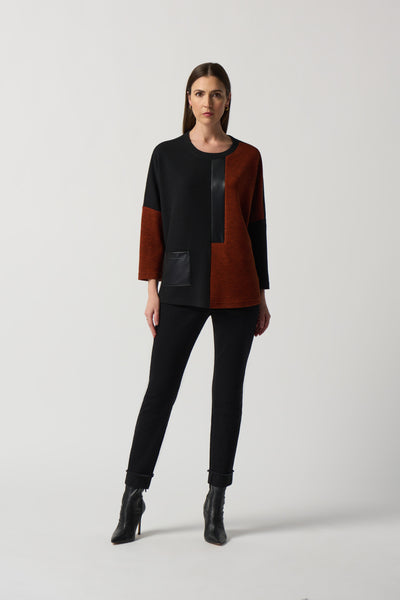 Joseph Ribkoff Faux Leather Trim Color Block Sweater - Black/Tandoori