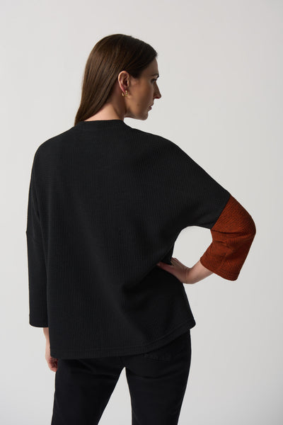 Joseph Ribkoff Faux Leather Trim Color Block Sweater - Black/Tandoori