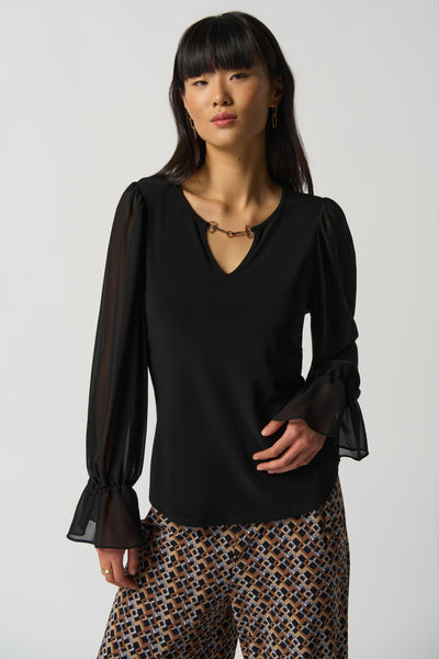 Joseph Ribkoff Sheer Sleeve Keyhole Top - Black