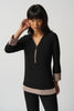 Image of Joseph Ribkoff Contour Trim Zip Neck Top - Black/Latte