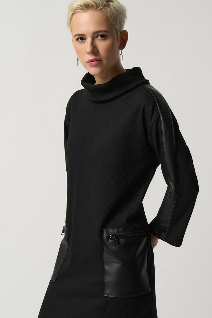 Joseph Ribkoff Cowl Neck Dress with Faux Leather Accents - Black