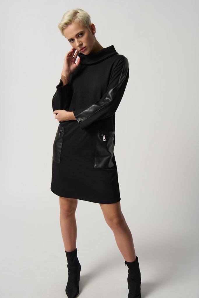 Joseph Ribkoff Cowl Neck Dress with Faux Leather Accents - Black
