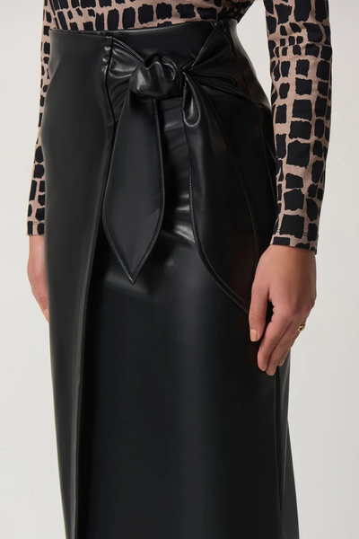 Joseph Ribkoff Vegan Leather Faux Wrap Skirt with Tie Detail - Black