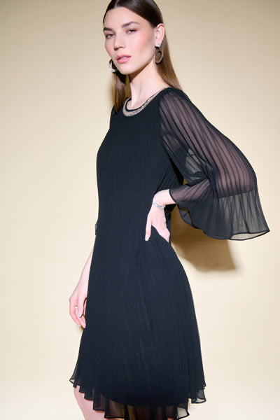 Joseph Ribkoff Rhinestone Neck Pleated Dress - Black