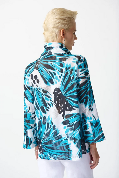 Joseph Ribkoff Abstract Butterfly Print Knit Jacquard Trapeze Jacket - Vanilla/Multicolor