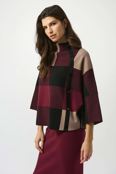Joseph Ribkoff Plaid Jacquard Sweater Knit Top - Merlot/Multicolor