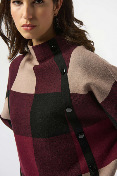 Joseph Ribkoff Plaid Jacquard Sweater Knit Top - Merlot/Multicolor