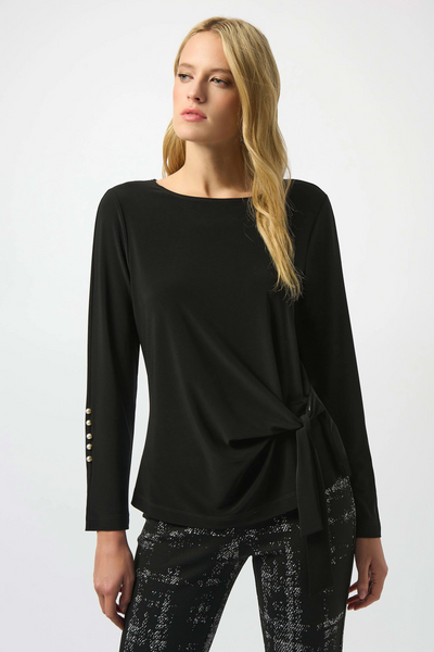 Joseph Ribkoff Silky Knit Fitted Top with Pearl Sleeve Detail - Black