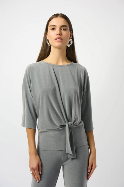 Joseph Ribkoff Melange Silky Knit Boxy Top with Knot Detail - Silver