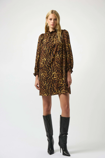 Joseph Ribkoff Recycled Georgette Animal Print Trapeze Dress - Black/Brown