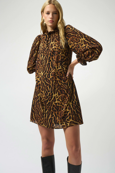 Joseph Ribkoff Recycled Georgette Animal Print Trapeze Dress - Black/Brown