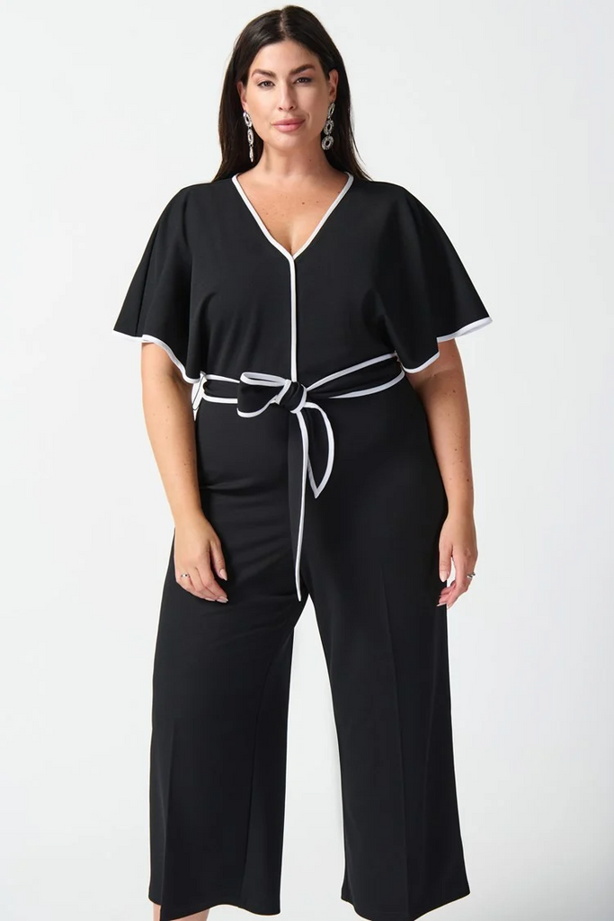 Joseph Ribkoff Butterfly Sleeve Belted Contrast Piping Cropped Culotte Jumpsuit - Black/Vanilla