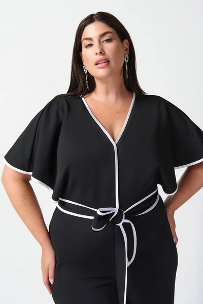 Joseph Ribkoff Butterfly Sleeve Belted Contrast Piping Cropped Culotte Jumpsuit - Black/Vanilla