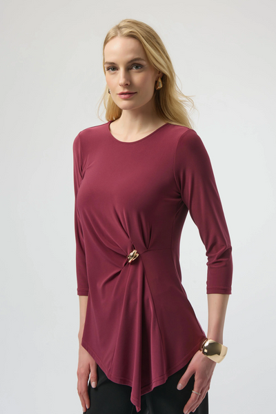 Joseph Ribkoff Silky Knit Asymmetrical Top with Metallic Cinch Detail - Merlot