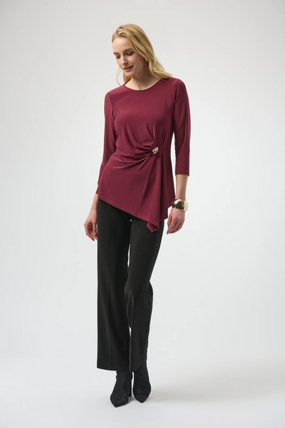 Joseph Ribkoff Silky Knit Asymmetrical Top with Metallic Cinch Detail - Merlot