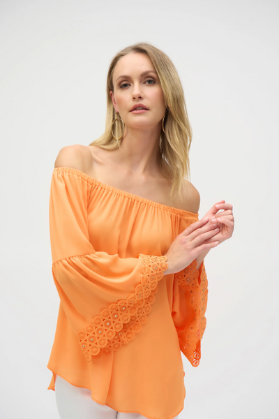 Joseph Ribkoff Bell Sleeve Off Shoulder Georgette Top - Apricot