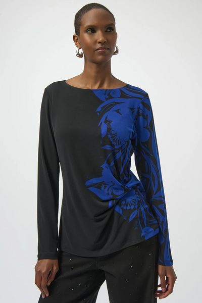 Joseph Ribkoff Long Sleeve Ruched Side Floral Print Top - Black/Royal Blue