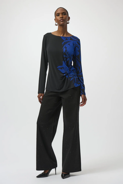 Joseph Ribkoff Long Sleeve Ruched Side Floral Print Top - Black/Royal Blue