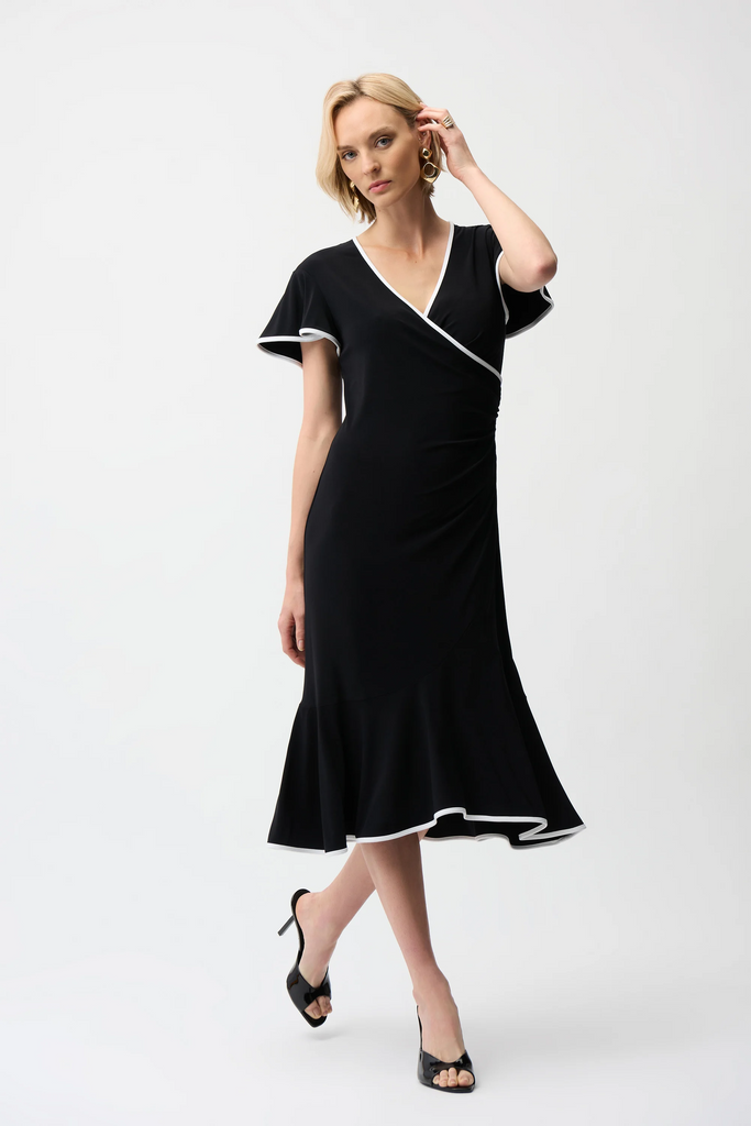 Joseph Ribkoff Wrap Dress With Contrast Trim Style 261013 Black/Vanilla / 10 Joseph Ribkoff Wrap Dress With Contrast Trim Style 261013 Black/Vanilla / 10