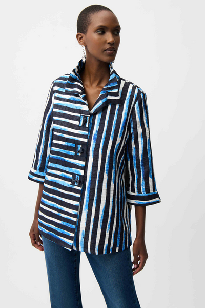 Joseph Ribkoff Jacquard Stripe Print Trapeze Jacket With Shirred Collar - Blue/Vanilla