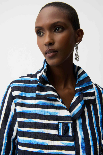 Joseph Ribkoff Jacquard Stripe Print Trapeze Jacket With Shirred Collar - Blue/Vanilla