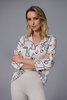 Image of Joseph Ribkoff Hammered Satin Abstract Face Print Boxy Top - Moonstone/Black