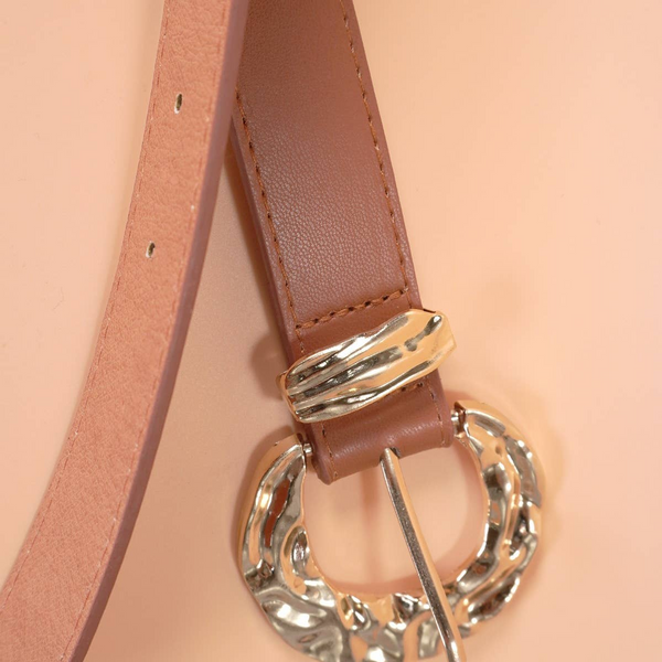 Hammered Round Shaped Faux Leather Belt - Brown
