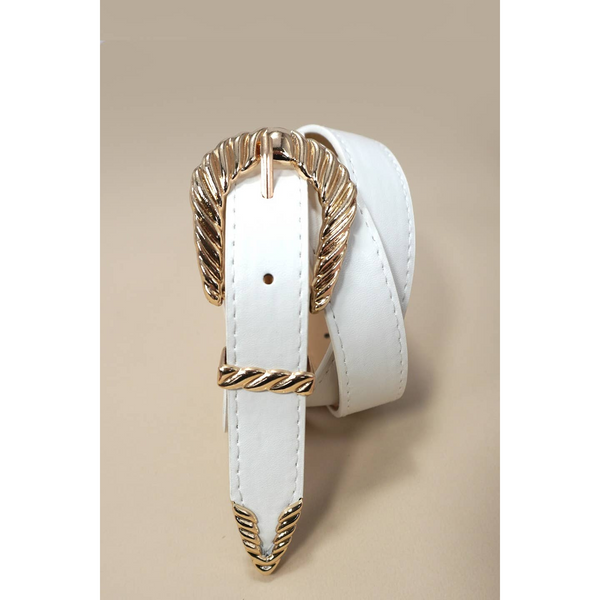 Classic Western Carved Buckle Faux Leather Belt - Off White