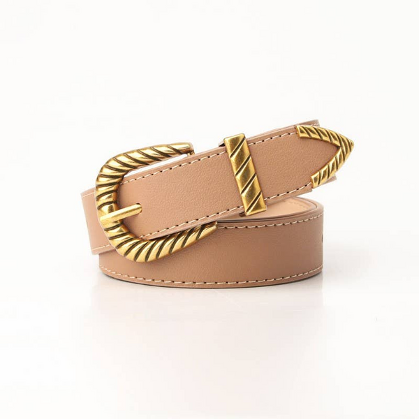 Classic Western Carved Buckle Faux Leather Belt - Taupe